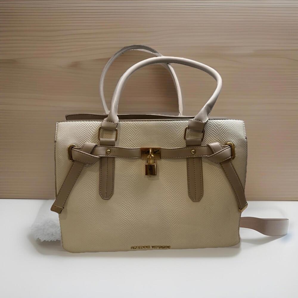 Adrienne Vittadini Leather Tote – Elegant Taupe & Cream – Excellent Condition